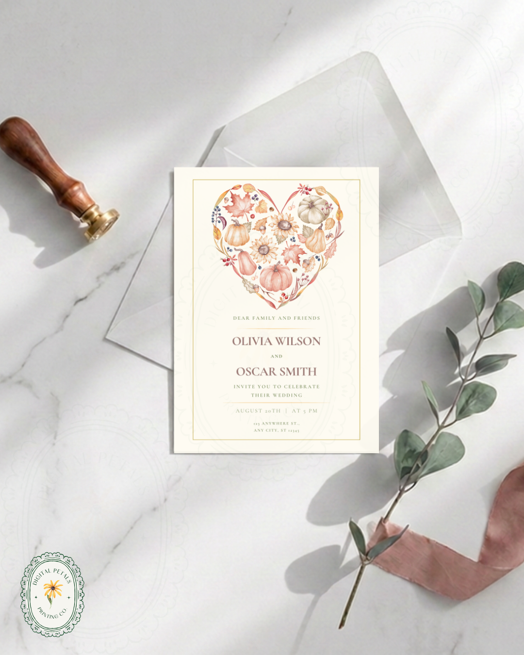 Terracotta & Rust Autumn Heart Wedding Invitation | Printable Floral Invite | Digital Download