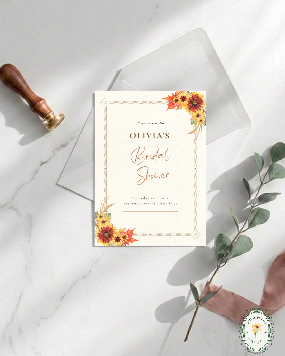 Rustic Fall Wildflowers Bridal Shower Invitation Template | Hand Painted Cottagecore Digital Download