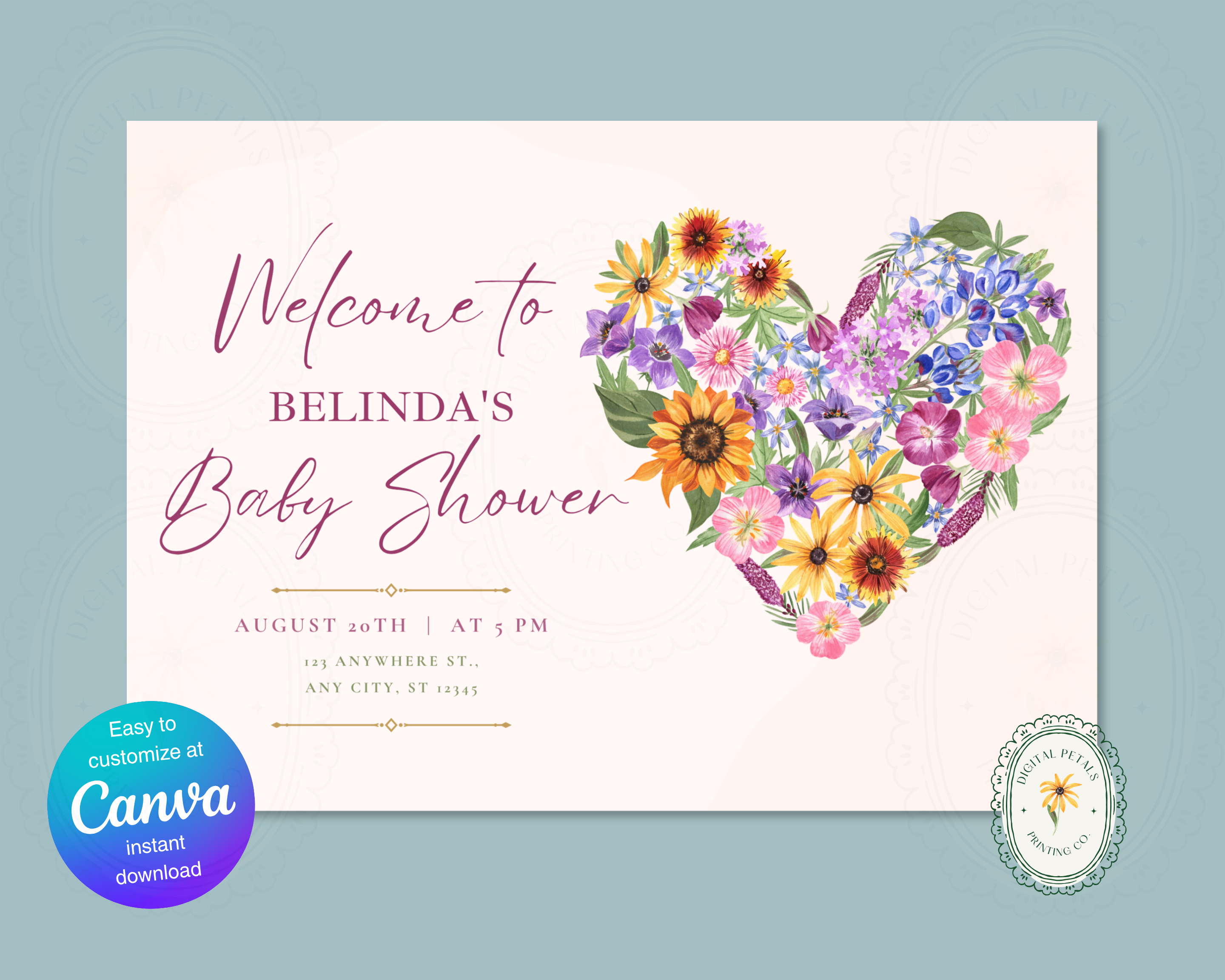 Wildflower Baby Shower Welcome Sign | Boho Floral Heart Border | Editable Canva Digital Download | Print at Home