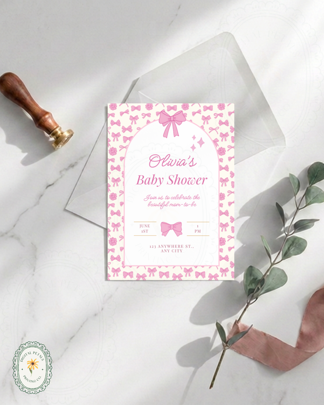 Baby Girl Shower Invitation Template | Pink Ribbons & Bows | Canva Editable