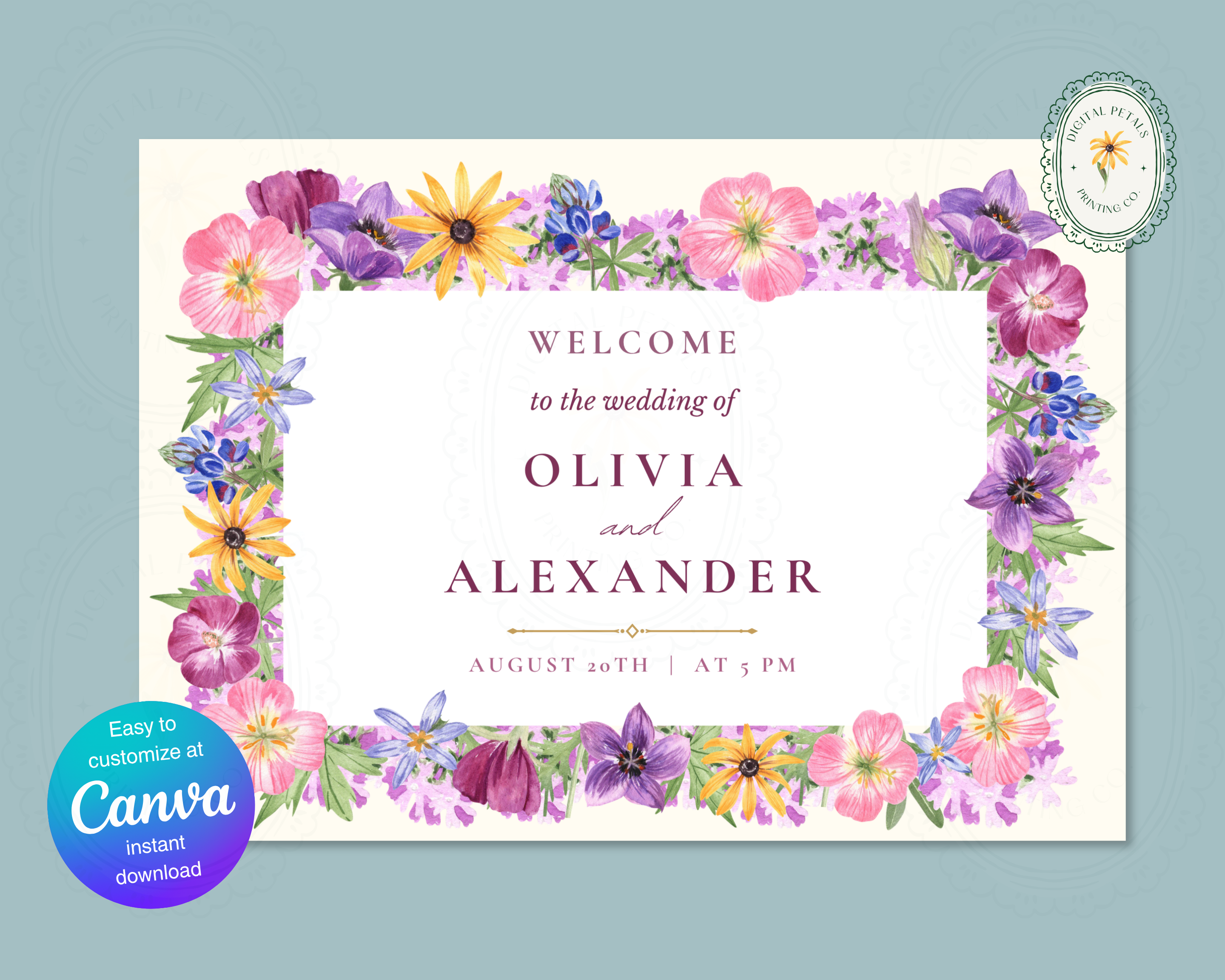 Garden Party Wedding Welcome Sign | Pressed Flower Aesthetic | Editable Canva Template