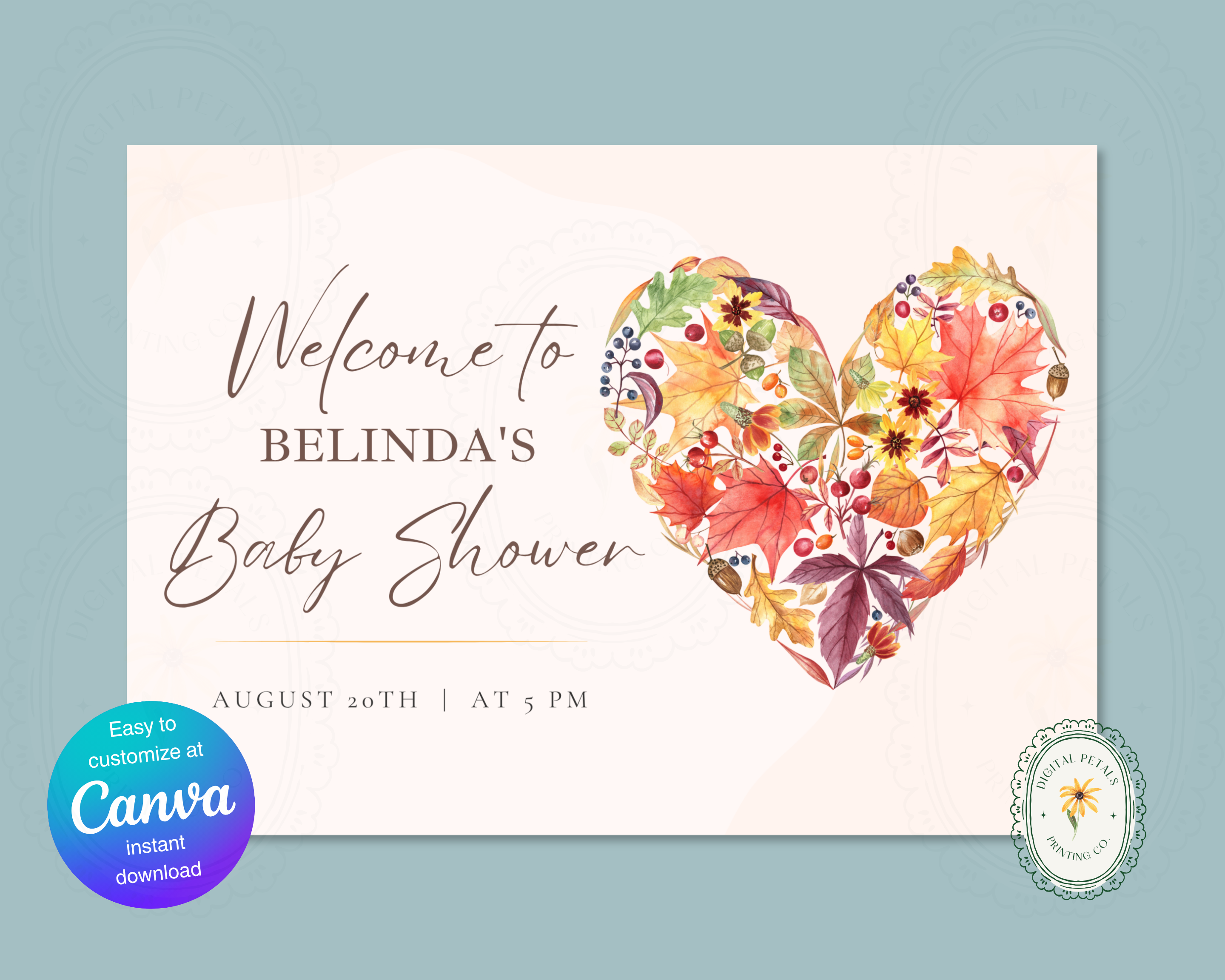 Fall Wildflower Baby Shower Welcome Sign | Boho Heart Border | Editable Canva Digital Download | Print at Home