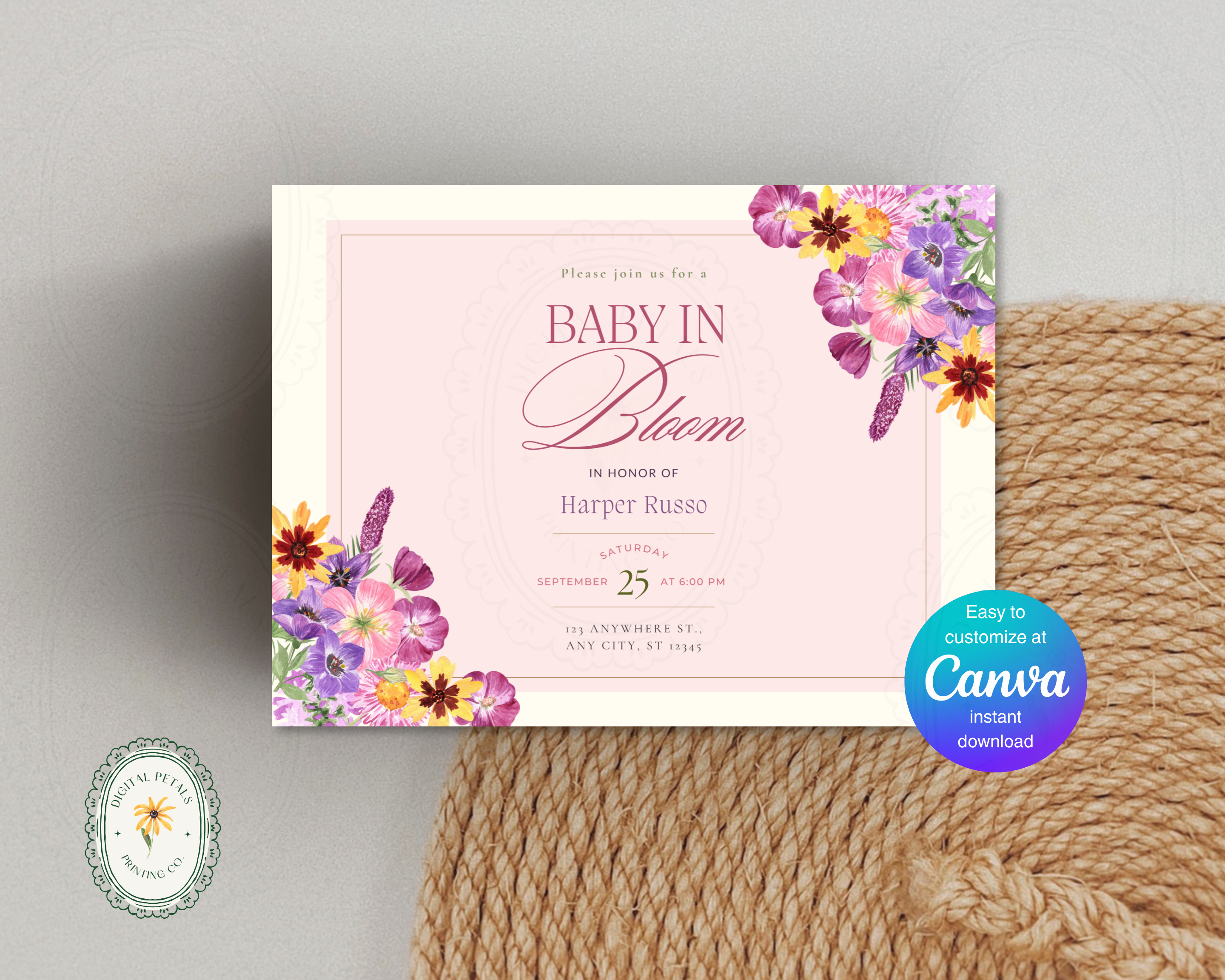 Baby in Bloom Spring Boho Baby Shower Invitation | Landscape Digital Download | Canva Editable
