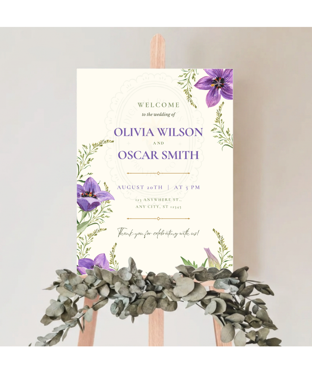 Violet & Periwinkle Wildflower Wedding Welcome Sign | Editable Canva Template | Digital Download