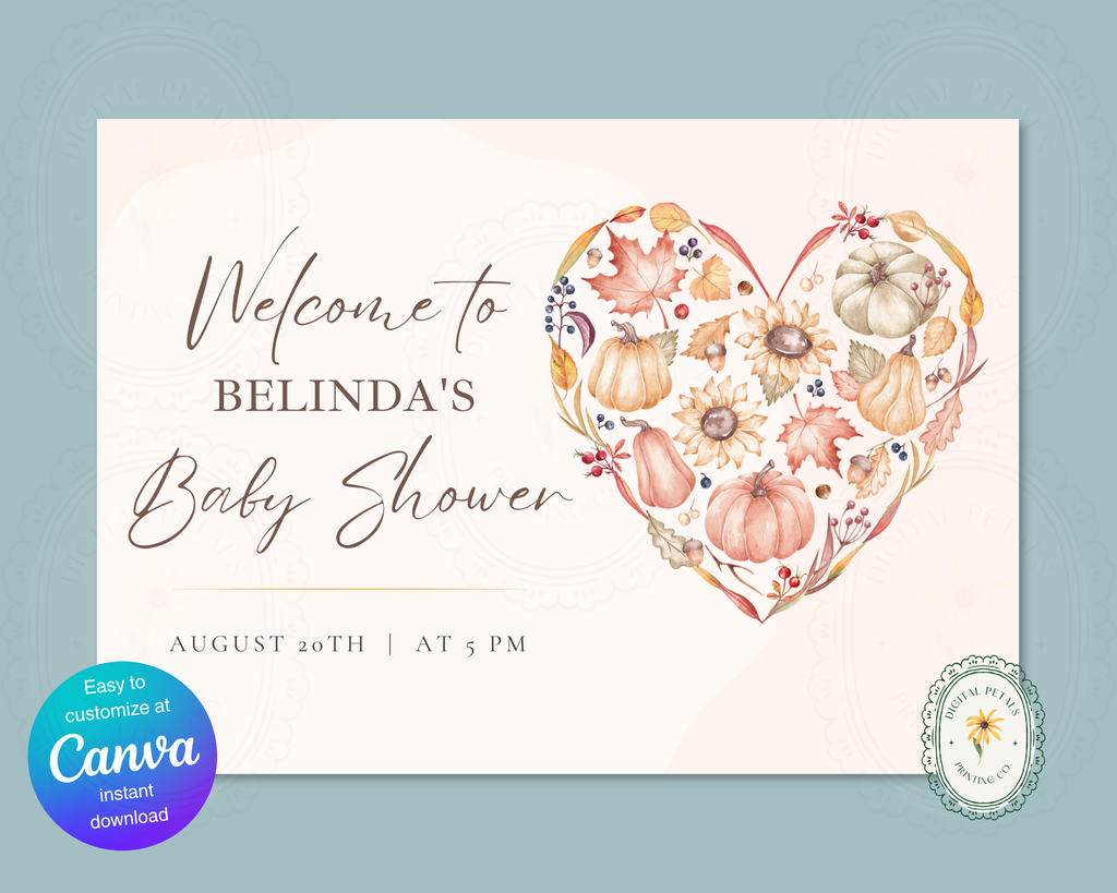 Autumn Baby Shower Welcome Sign | Rustic Heart Floral Border | Editable Canva Digital Download | Print at Home