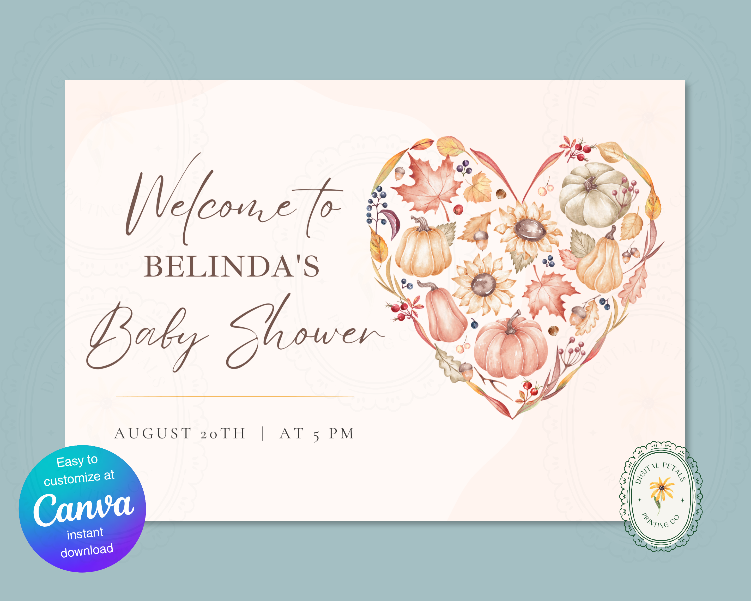 Autumn Baby Shower Welcome Sign | Rustic Heart Floral Border | Editable Canva Digital Download | Print at Home