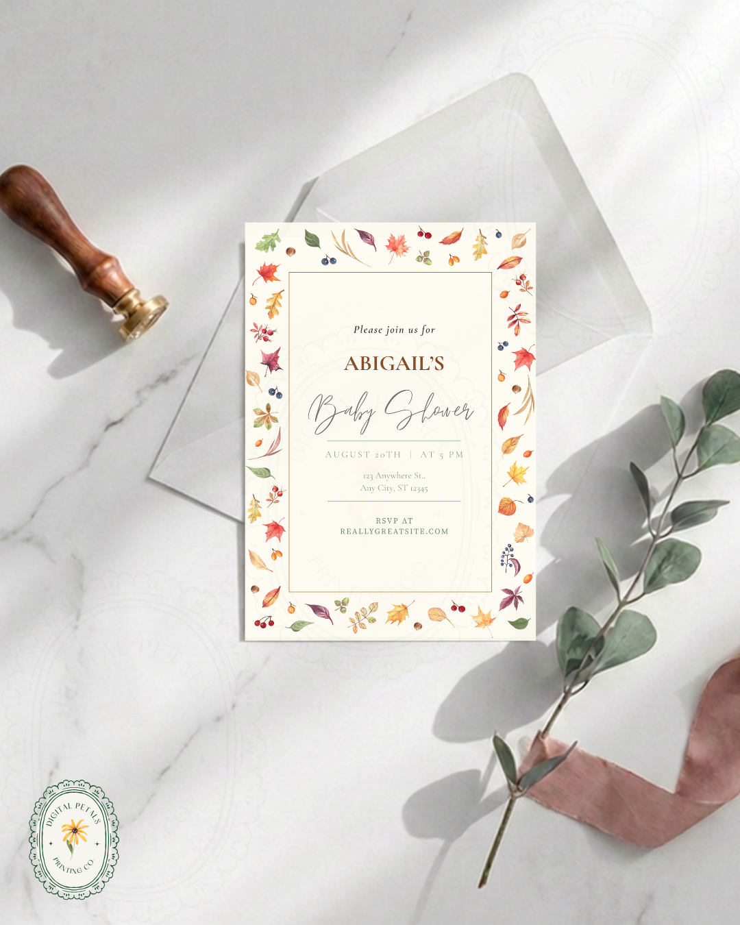 Fall Leaves Baby Shower Invitation Template | Terracotta & Cream | Digital Download