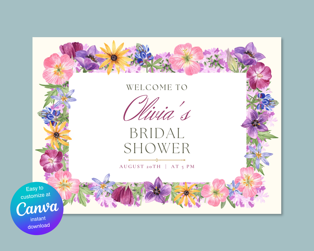 Bridal Shower Garden Party Welcome Sign Wildflower Border Template | Editable Canva Digital Download