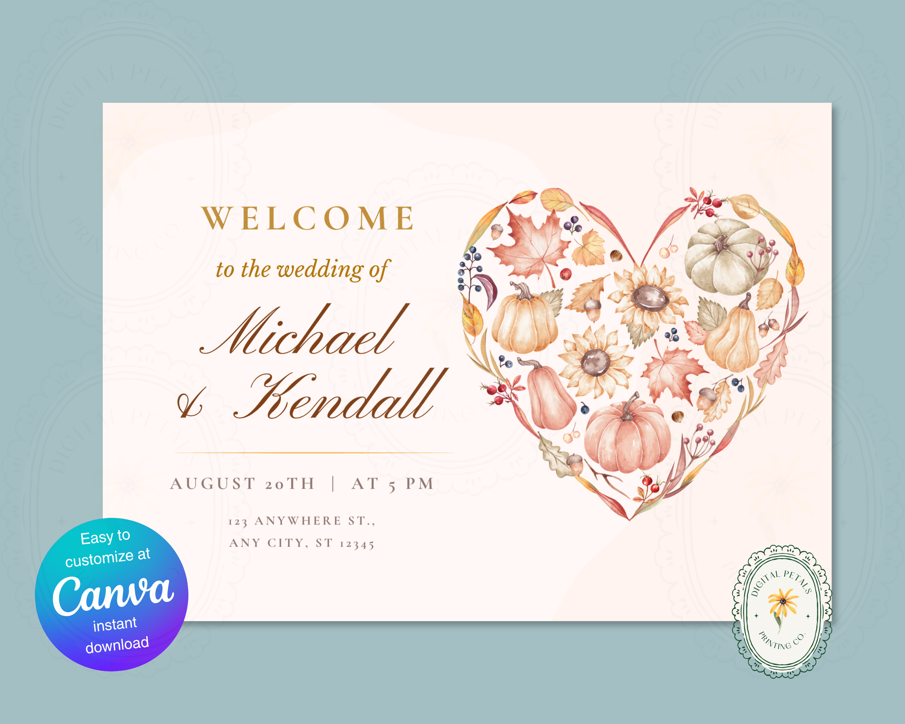 Autumn Wedding Welcome Sign | Rustic Heart Floral Border | Editable Canva Digital Download | Print at Home