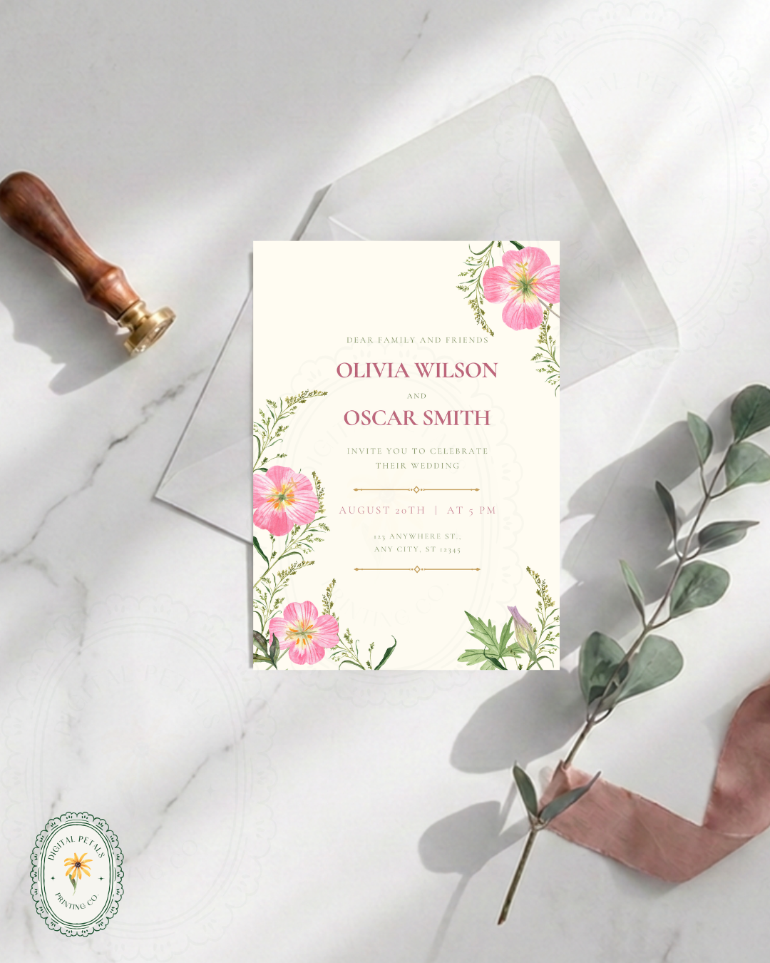 Dusty Rose & Blush Pink Primrose Wildflower Wedding Invitation | Minimalist Printable Invite | Digital Download