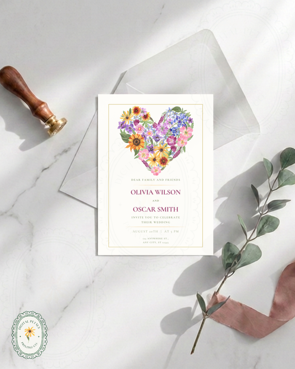 Boho Wildflower Heart Wedding Invitation — Editable Digital Download Template