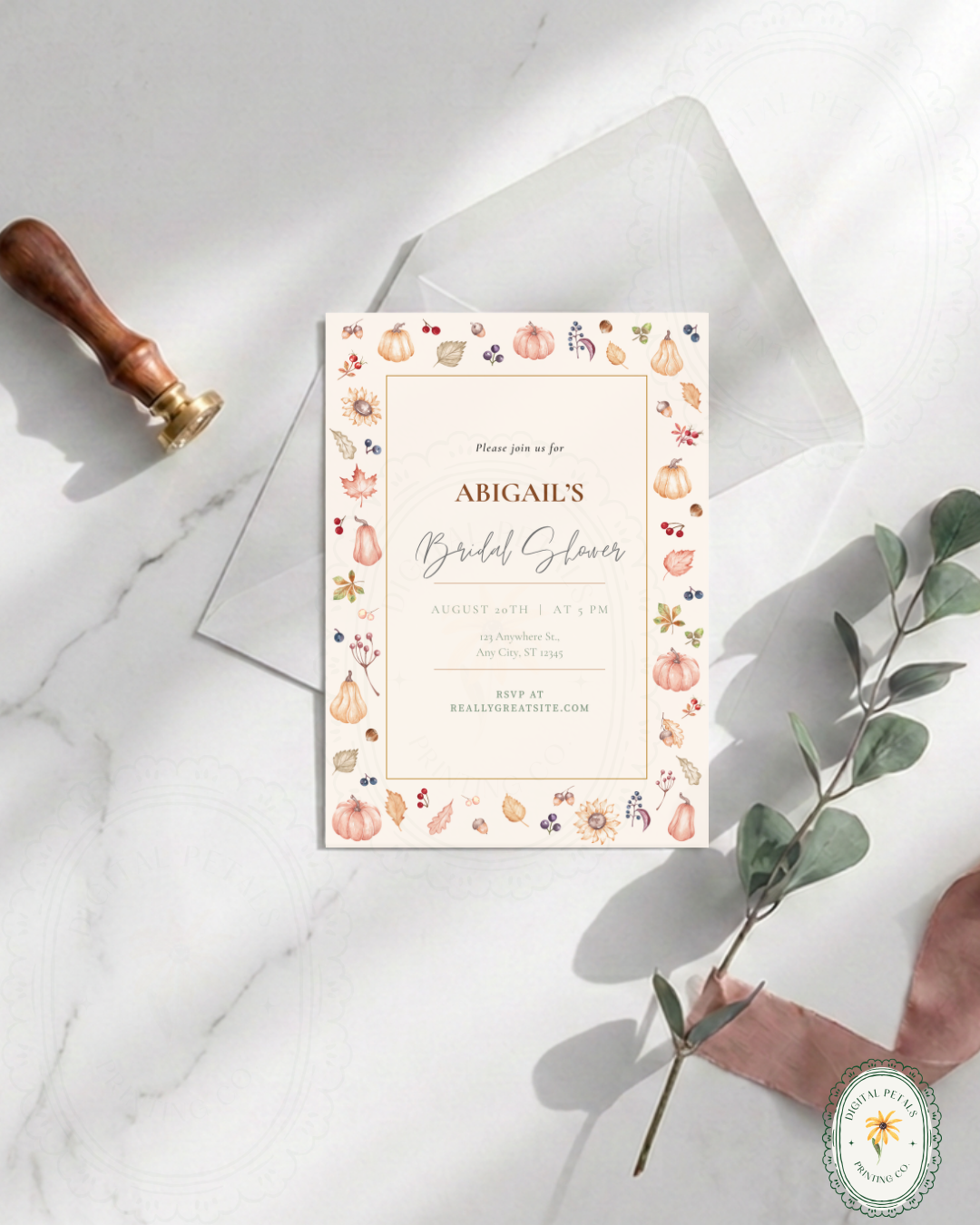 Autumn Harvest Wildflowers Bridal Shower Invitation Template | Editable Canva Digital Download