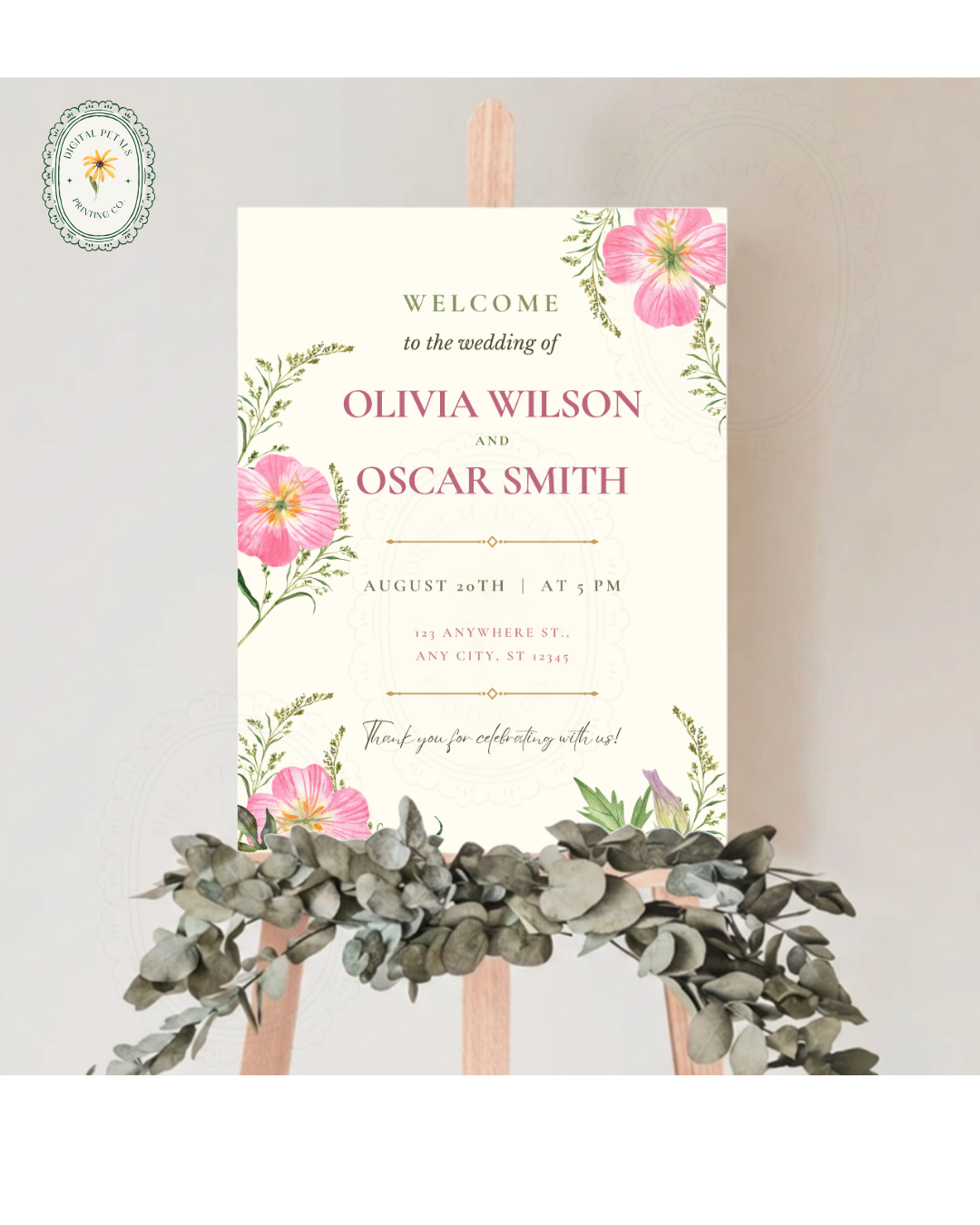 Dusty Rose & Blush Pink Wildflower Wedding Welcome Sign | Editable Canva Template | Digital Download