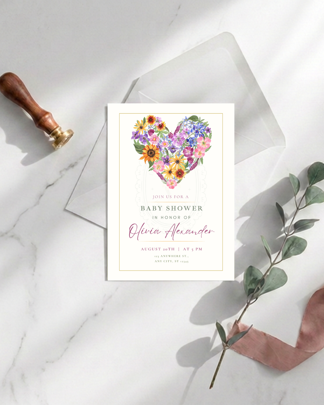Boho Wildflower Heart Baby Shower Invitation — Editable Digital Download Template
