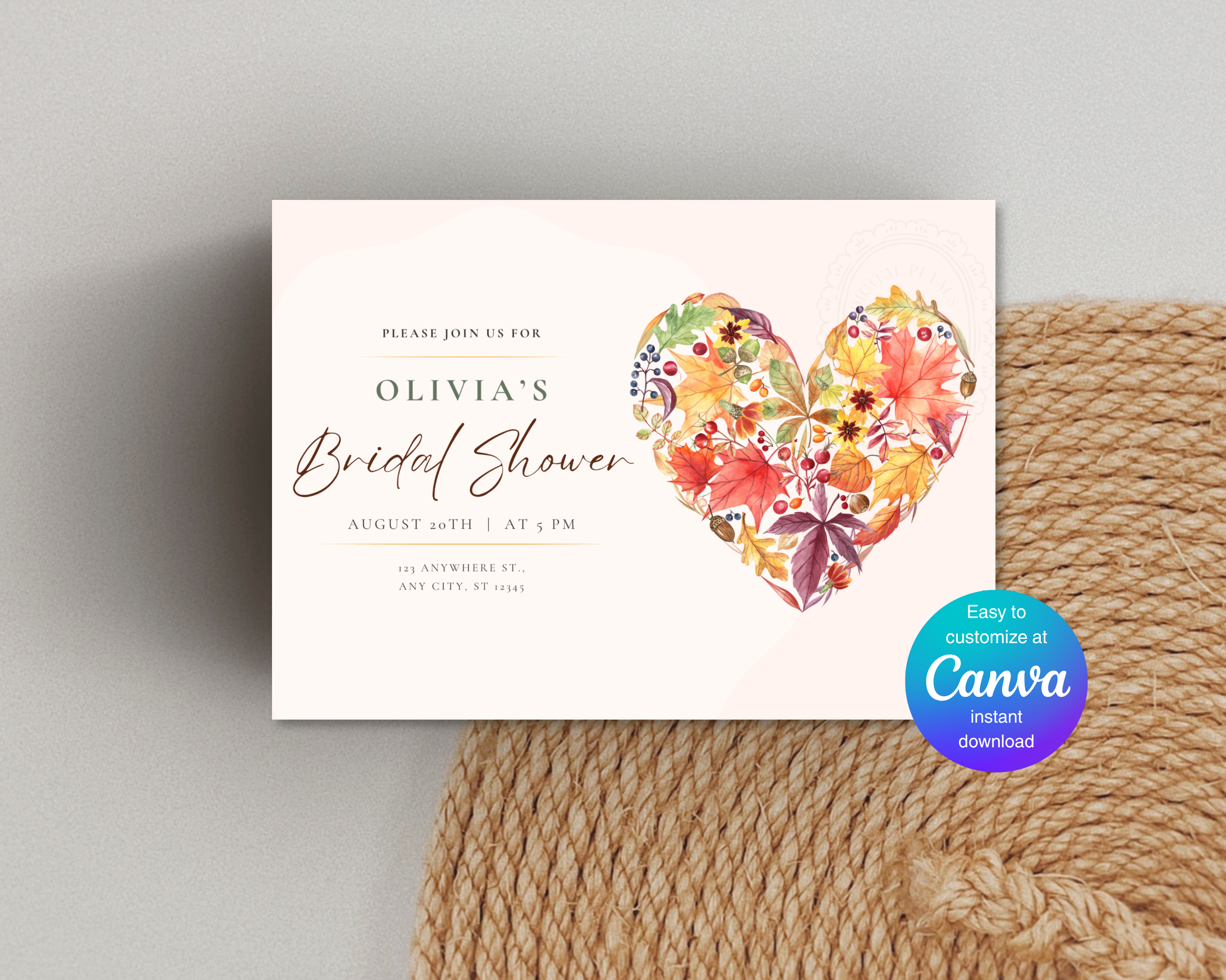 Amber Fall Heart Bridal Shower Invitation | Printable Landscape Template | Digital Download