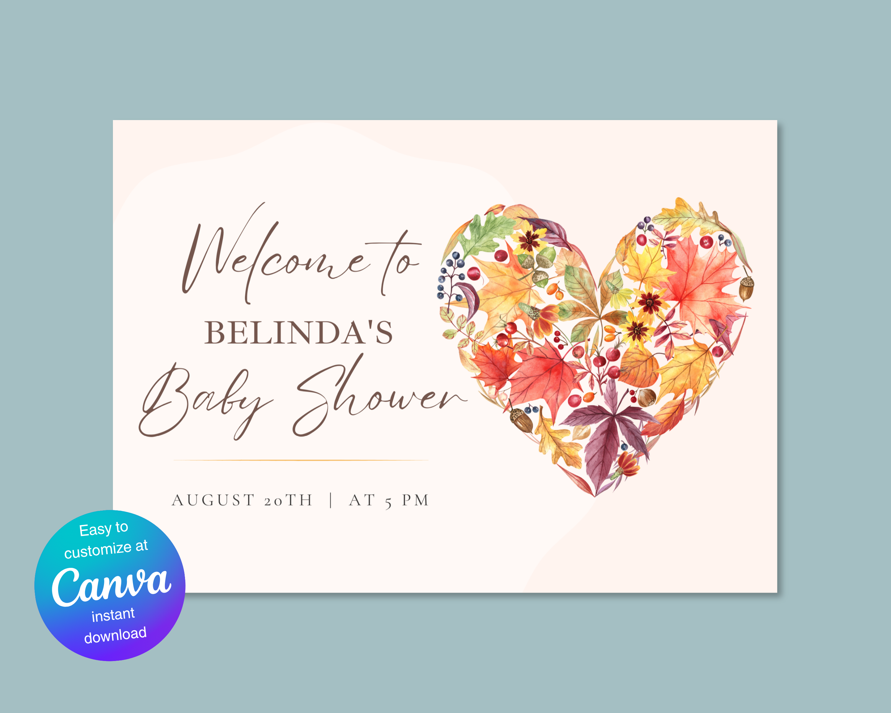 Fall Wildflower Baby Shower Welcome Sign | Boho Heart Border | Editable Canva Digital Download | Print at Home