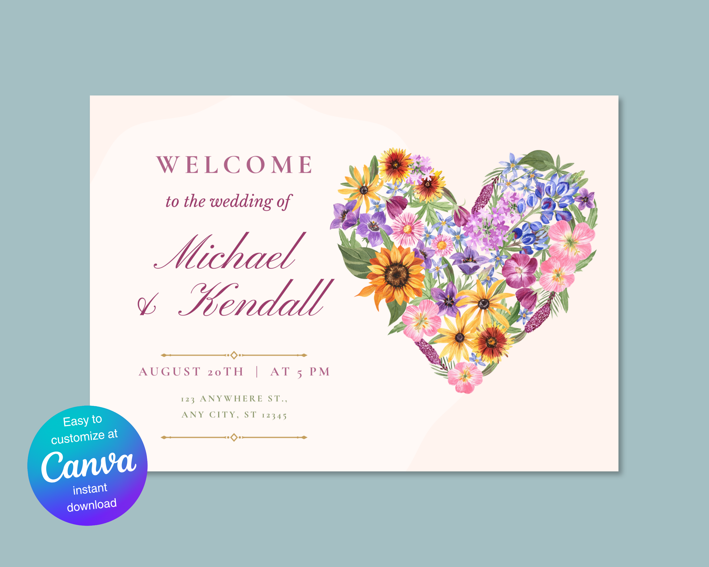 Wildflower Wedding Welcome Sign | Boho Floral Heart Border | Editable Canva Digital Download | Print at Home