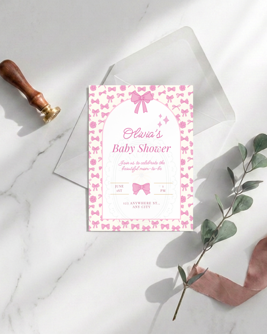 Baby Girl Shower Invitation Template | Pink Ribbons & Bows | Canva Editable