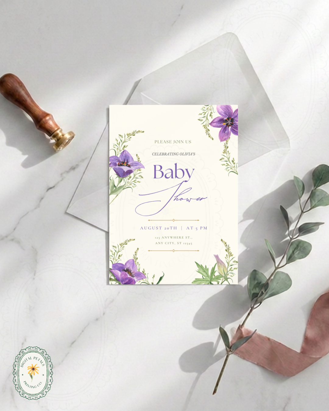Violet & Periwinkle Wildflower Baby Shower Invitation | Minimalist Printable Invite | Digital Download