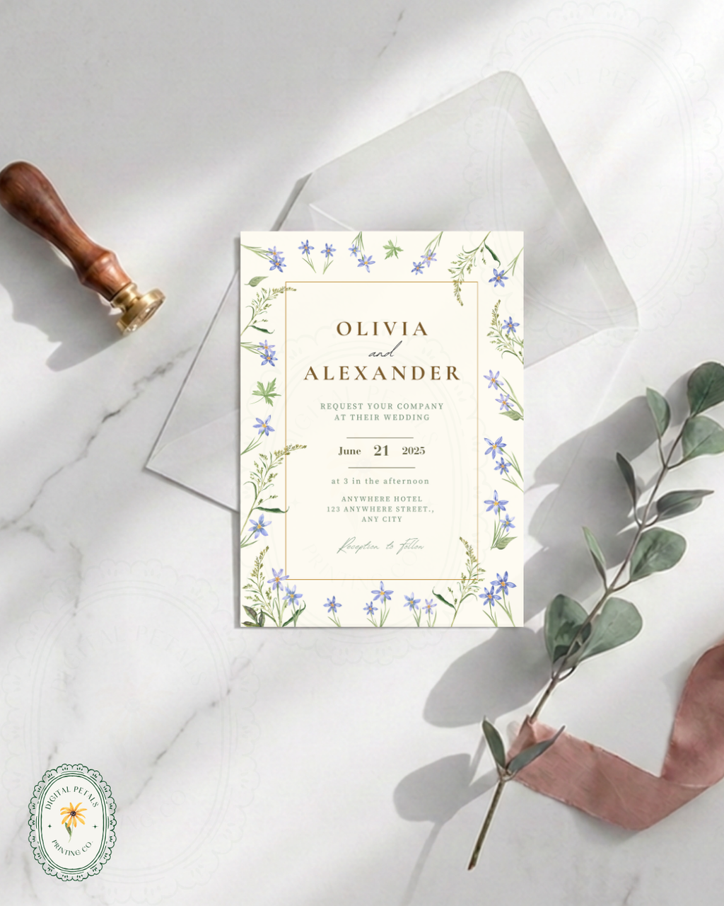 Dusty Blue Floral Border Wedding Invitation Template | Editable Digital Download