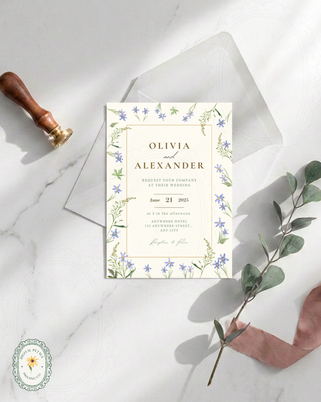 Dusty Blue Floral Border Wedding Invitation Template | Editable Digital Download