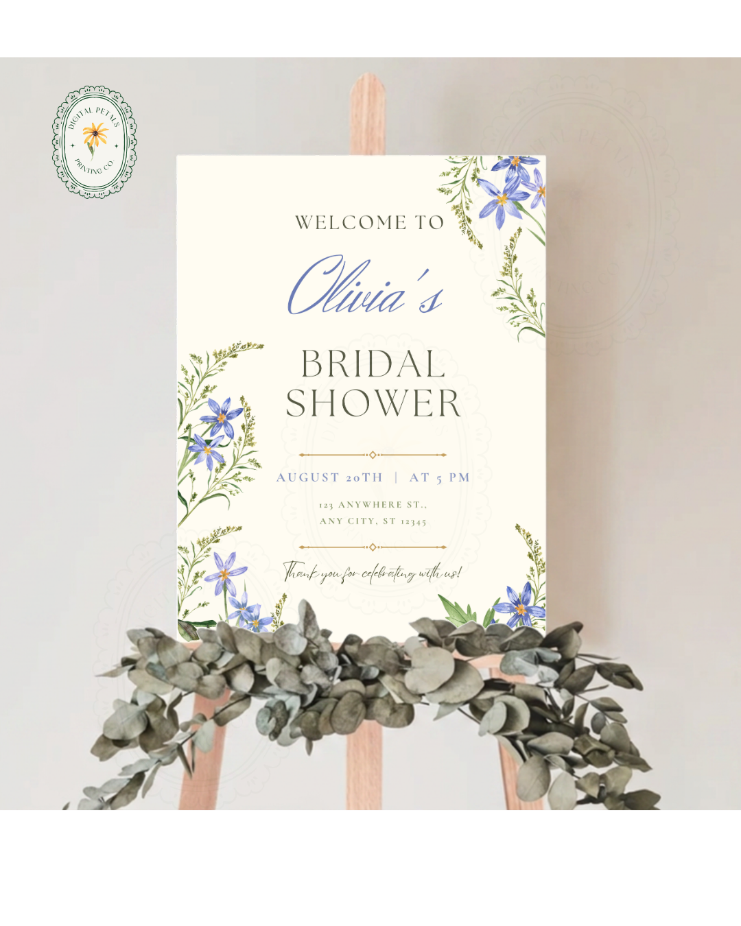 Powder Blue Wildflower Bridal Shower Welcome Sign | Editable Canva Template | Digital Download