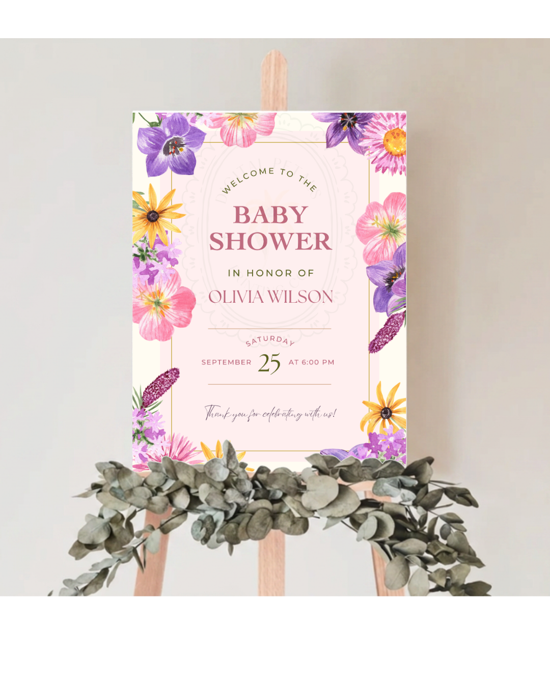 Pink Cottagecore Baby Shower Welcome Sign | Editable Canva Template, Wildflower Floral