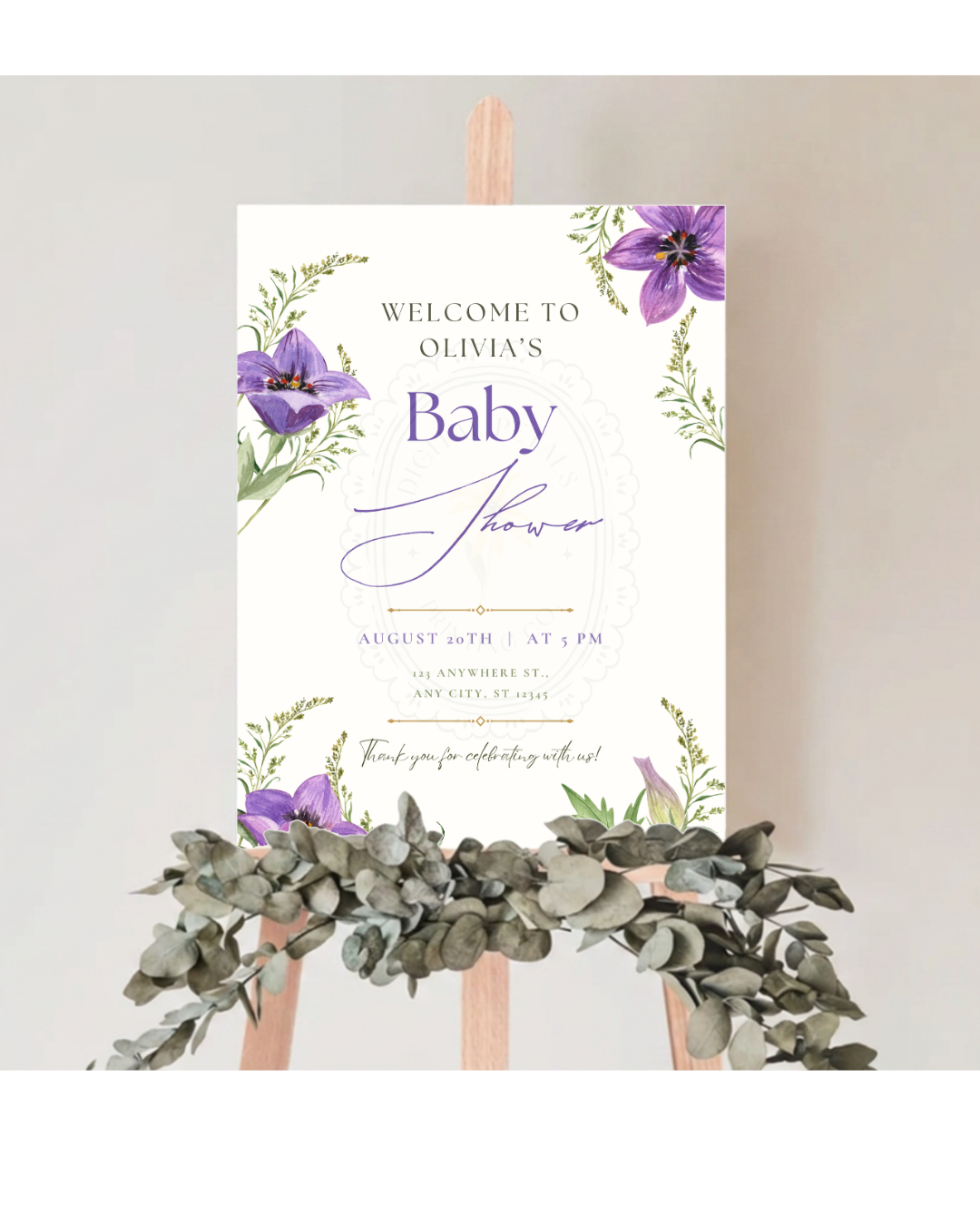 Violet Wildflower Baby Shower Welcome Sign | Editable Canva Template | Digital Download