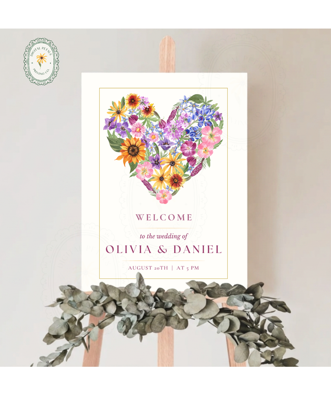 Boho Wildflower Heart Wedding Welcome Sign | Editable Canva Template | Instant Digital Download