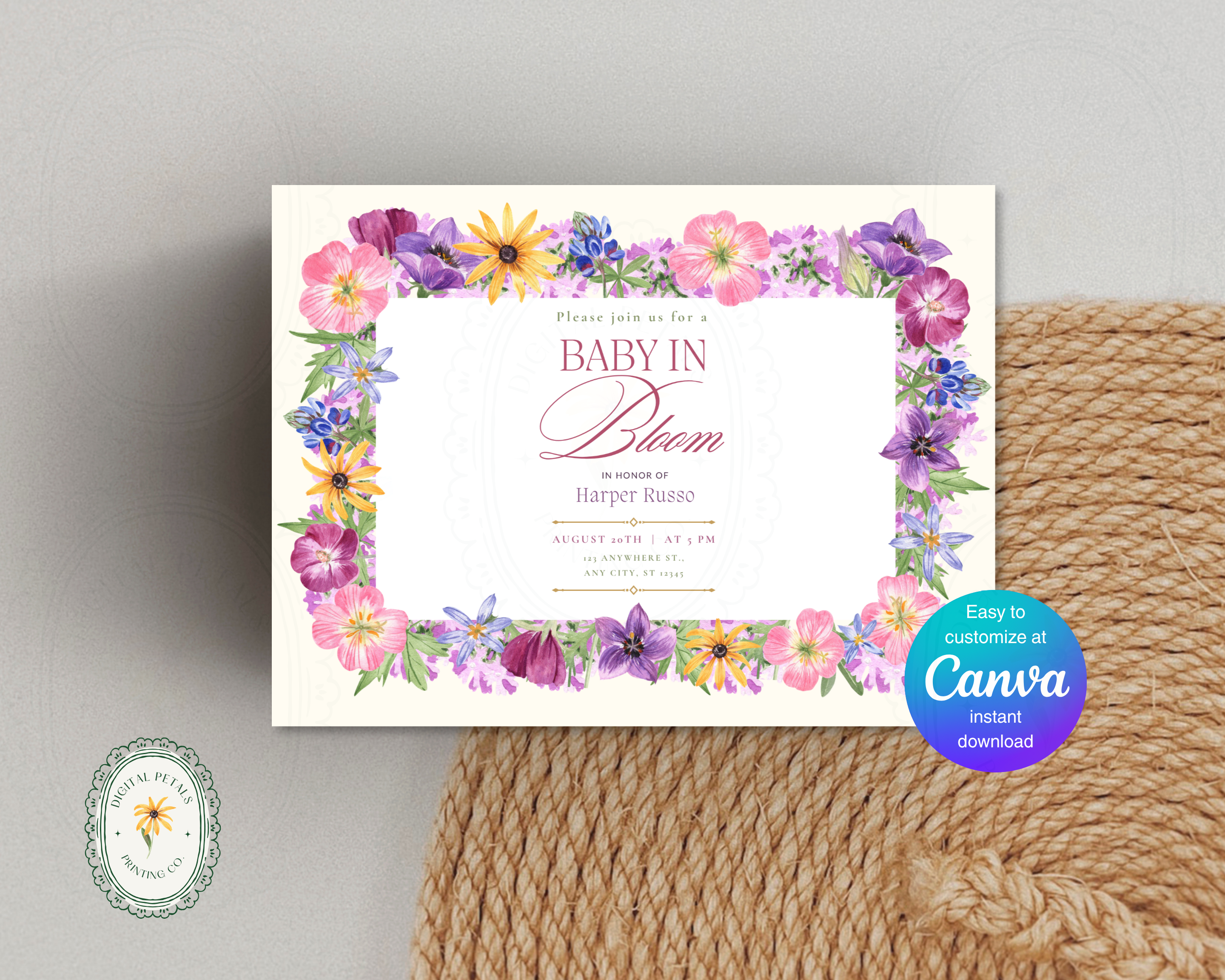 Baby in Bloom Baby Shower Wildflower Invitation | Floral Landscape Digital Download | Canva Editable