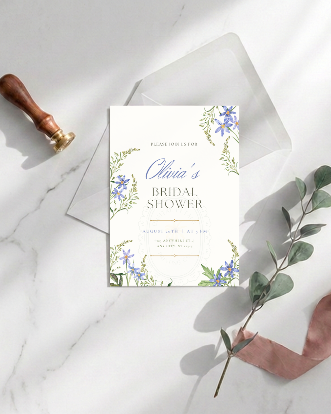 Powder Blue Wildflower Bridal Shower Invitation | Minimalist Printable Invite | Digital Download
