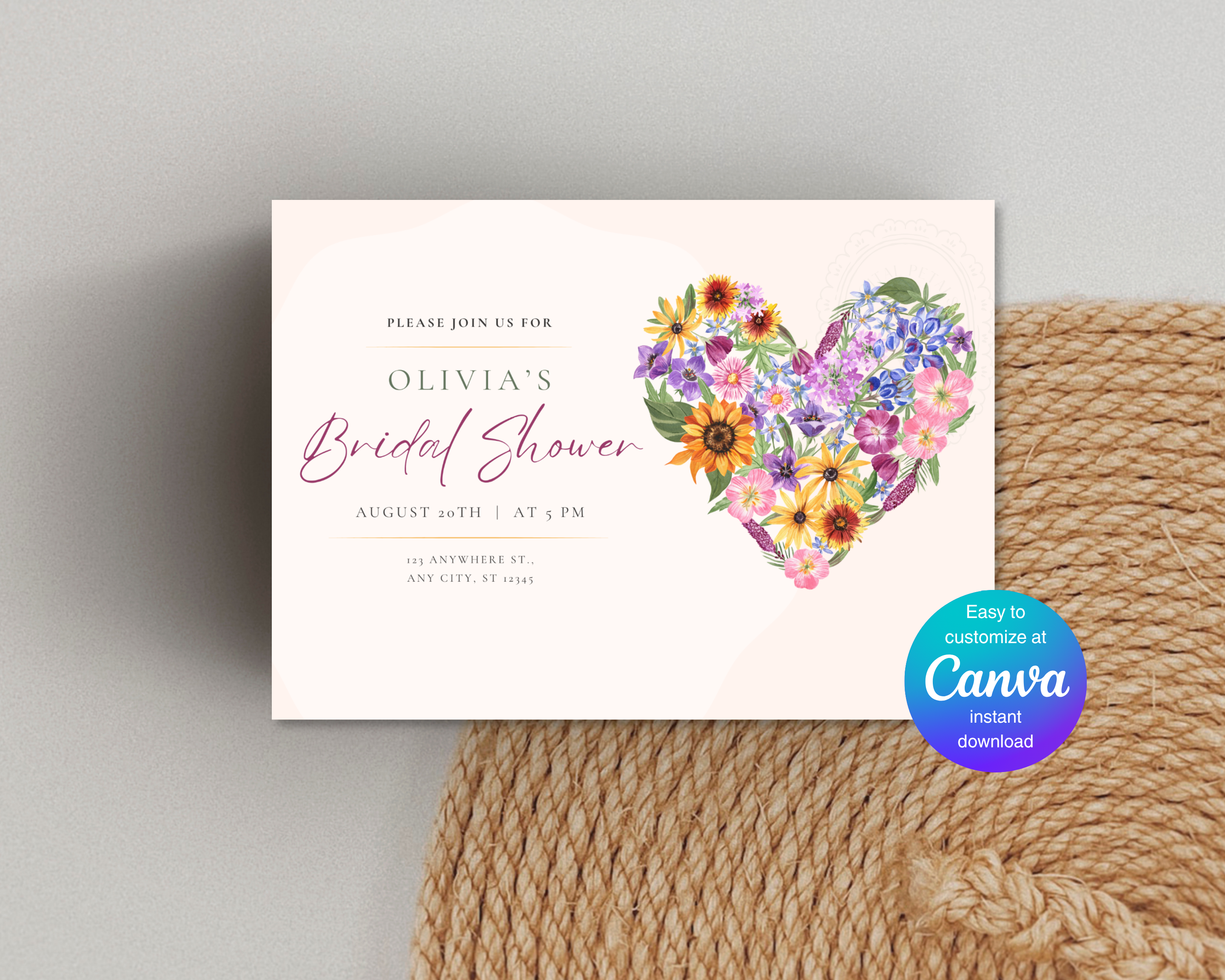 Lavender Cream Spring Heart Bridal Shower Invitation | Printable Landscape Template | Digital Download