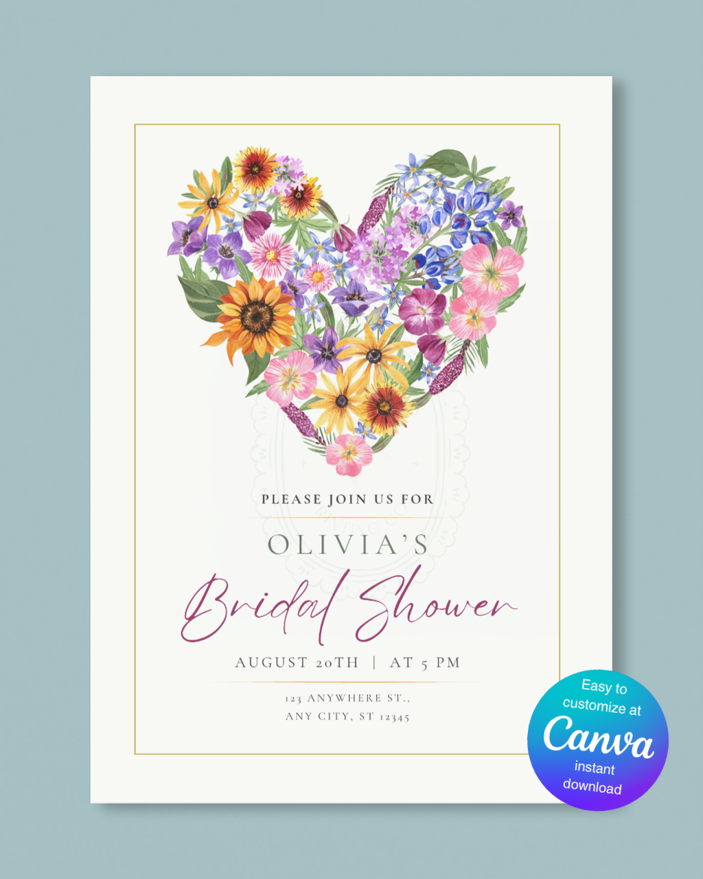 Wildflower Heart Bridal Shower Invitation — Editable Digital Download Template