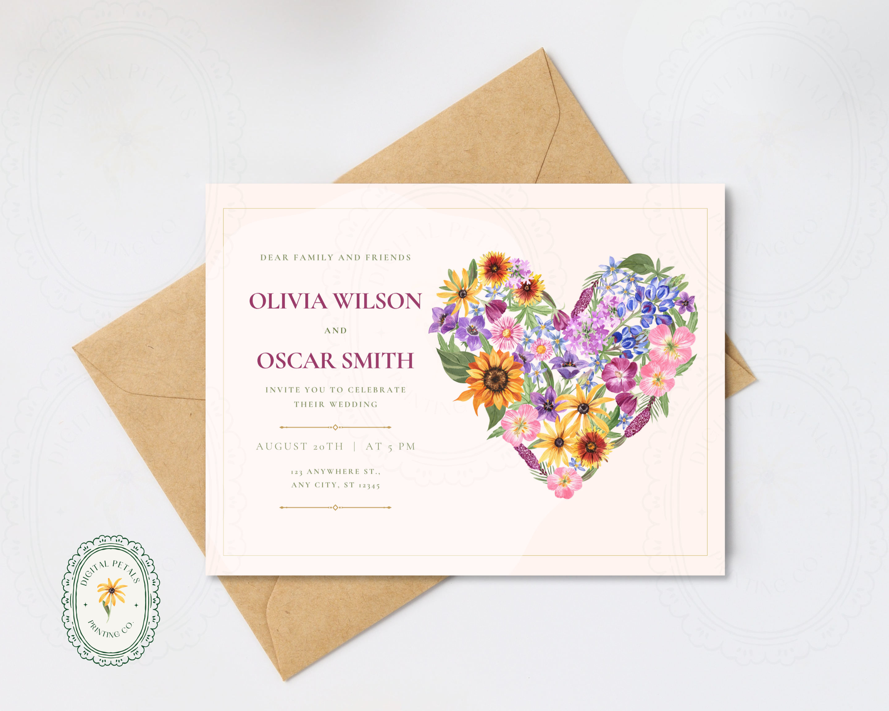 Lavender Wildflower Spring Heart Wedding Invitation | Floral Landscape Digital Download | Canva Editable