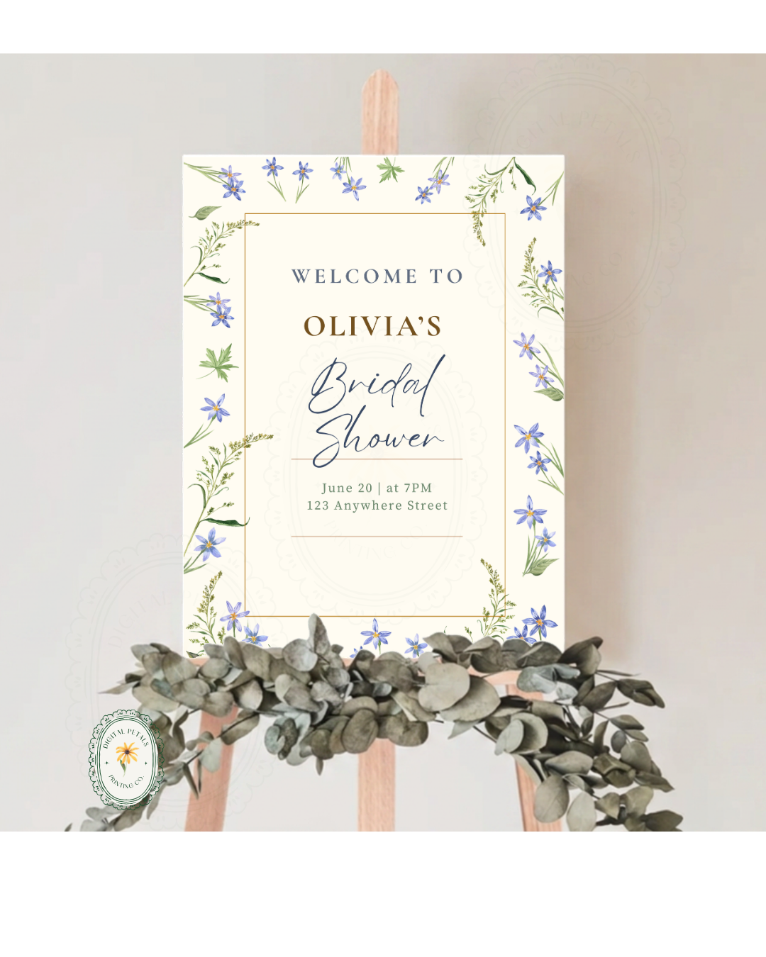 Dusty Blue Floral Botanical Bridal Shower Welcome Sign | Editable Canva Template | Digital Download