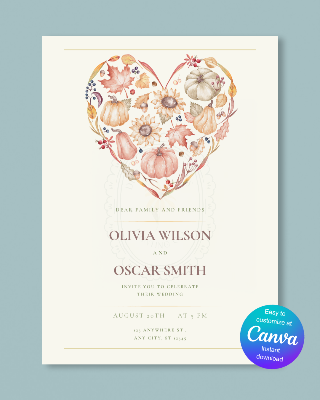 Autumn Heart Wedding Invitation | Printable Floral Invite | Digital Download