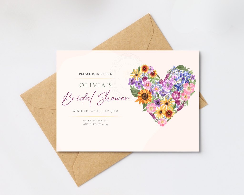 Lavender Cream Spring Heart Bridal Shower Invitation | Printable Landscape Template | Digital Download