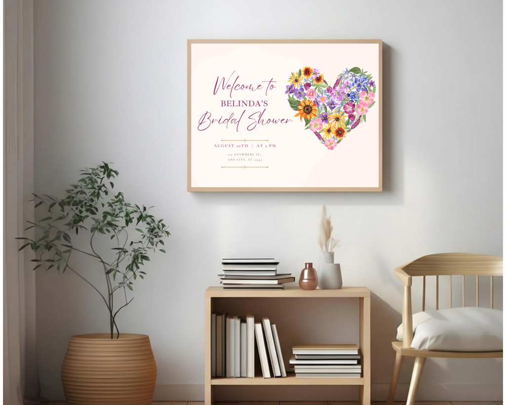 Wildflower Bridal Shower Welcome Sign | Boho Floral Heart Border | Editable Canva Digital Download | Print at Home