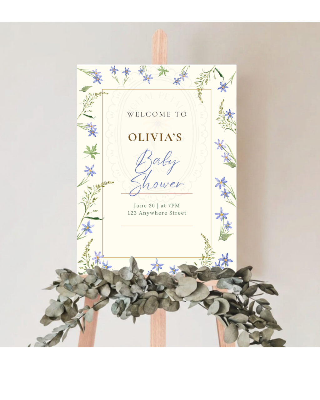 Dusty Blue Floral Botanical Baby Shower Welcome Sign | Editable Canva Template | Digital Download