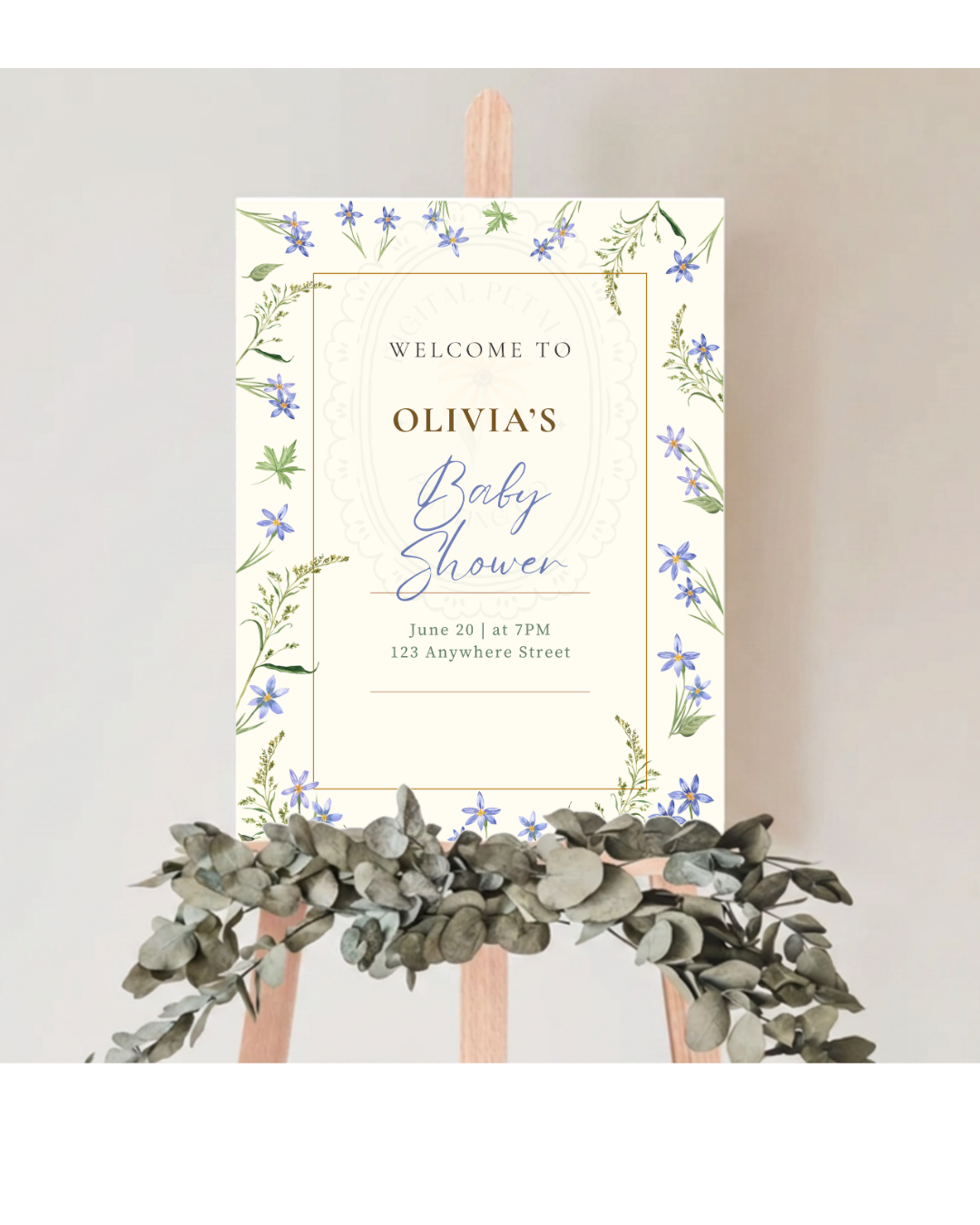 Dusty Blue Floral Botanical Baby Shower Welcome Sign | Editable Canva Template | Digital Download