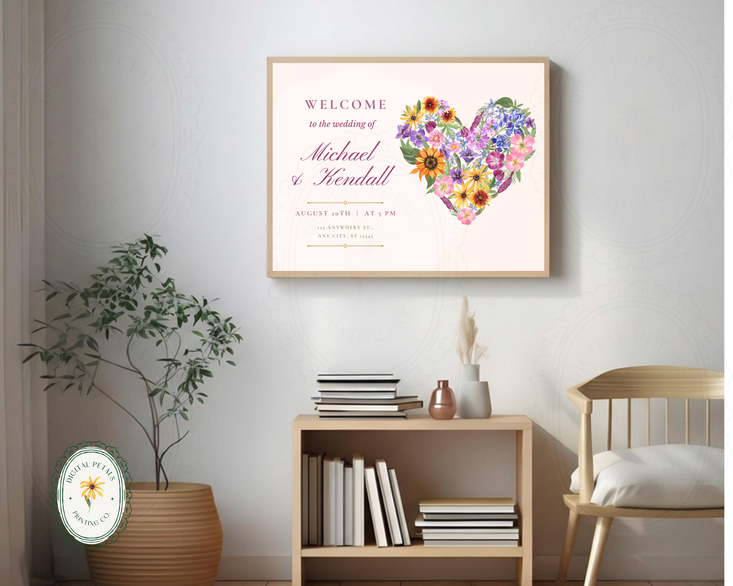 Wildflower Wedding Welcome Sign | Boho Floral Heart Border | Editable Canva Digital Download | Print at Home