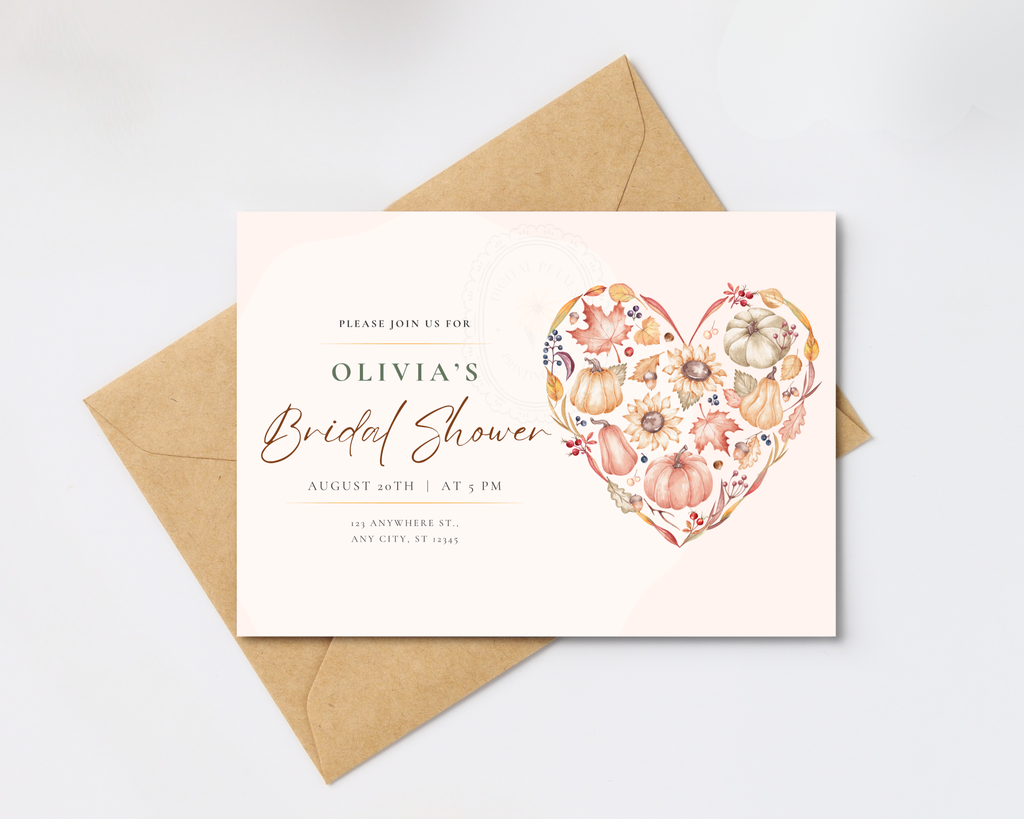 Pumpkin Sunflower Fall Bridal Shower Invitation | Printable Landscape Template | Digital Download