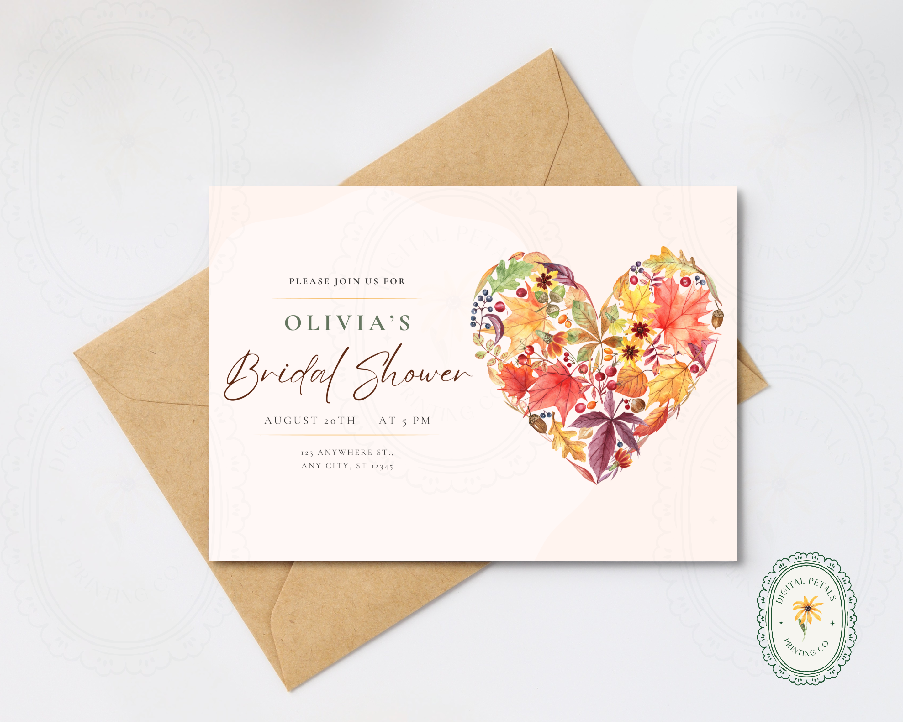 Amber Fall Heart Bridal Shower Invitation | Printable Landscape Template | Digital Download