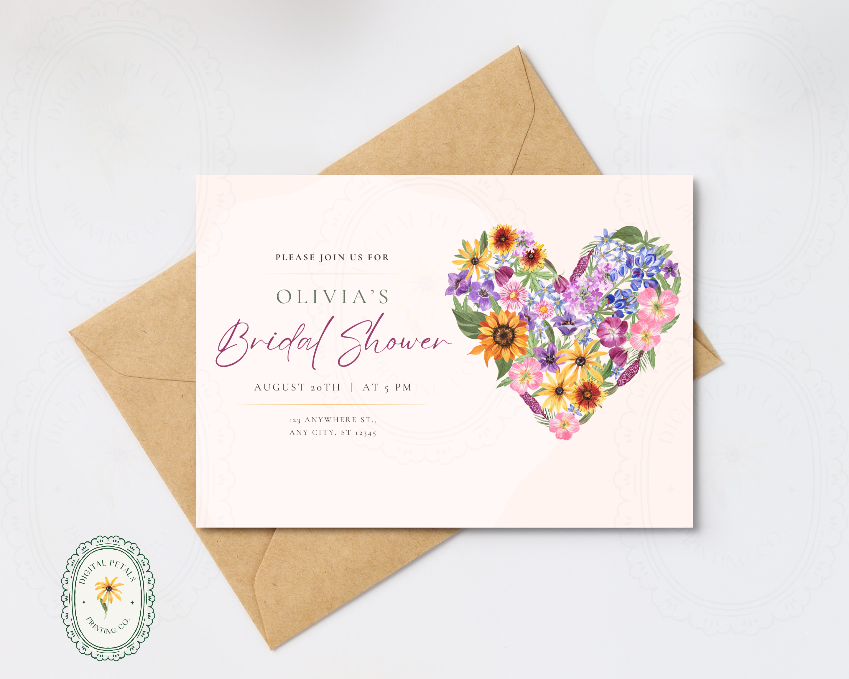 Lavender Cream Spring Heart Bridal Shower Invitation | Printable Landscape Template | Digital Download