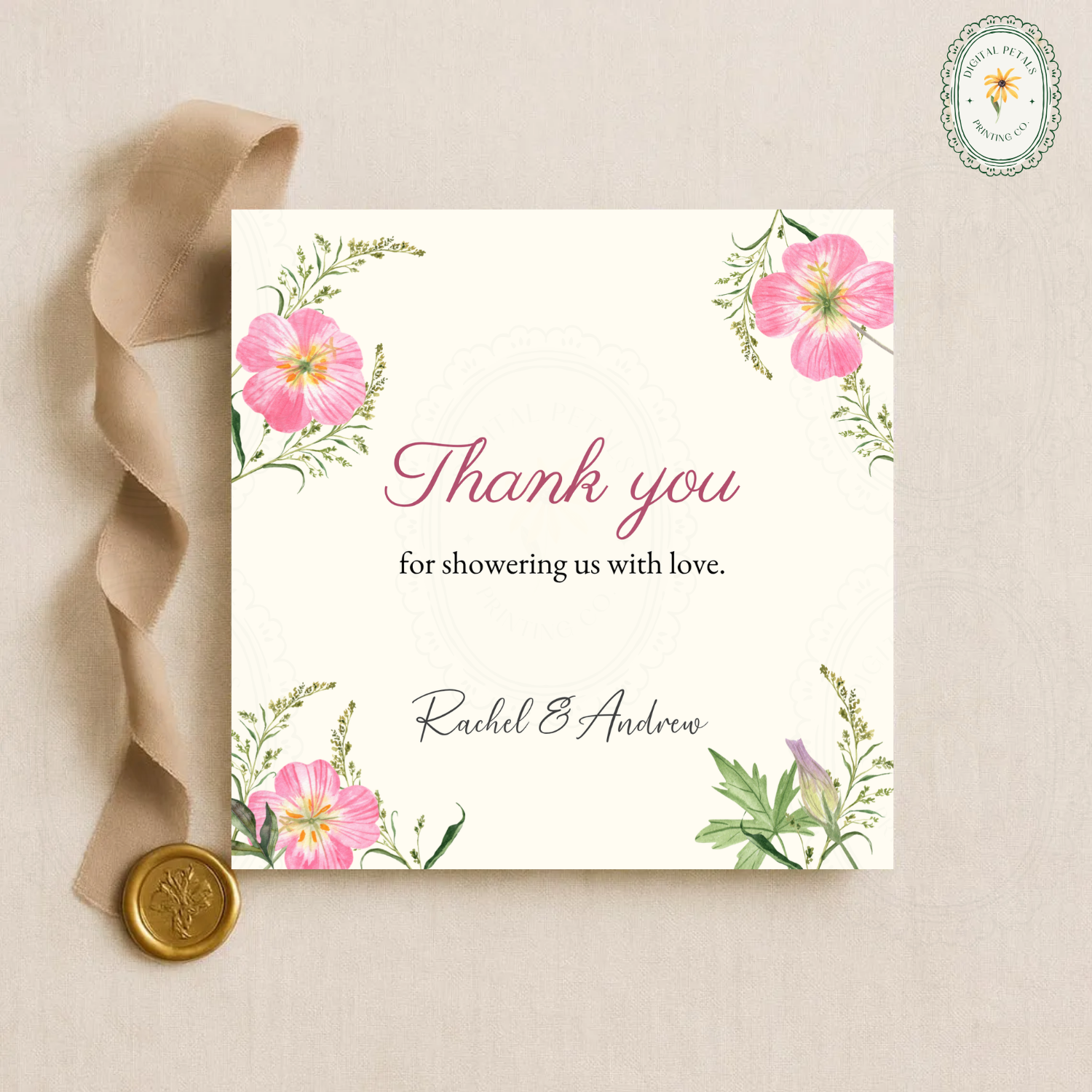 Dusty Rose & Blush Wildflower Thank You Card Template | Editable Canva Digital Download
