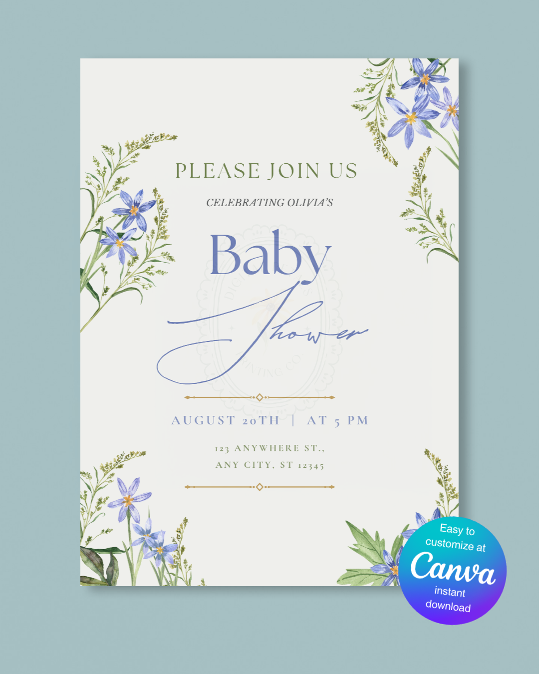 Blue Wildflower Baby Shower Invitation | Minimalist Printable Invite | Digital Download