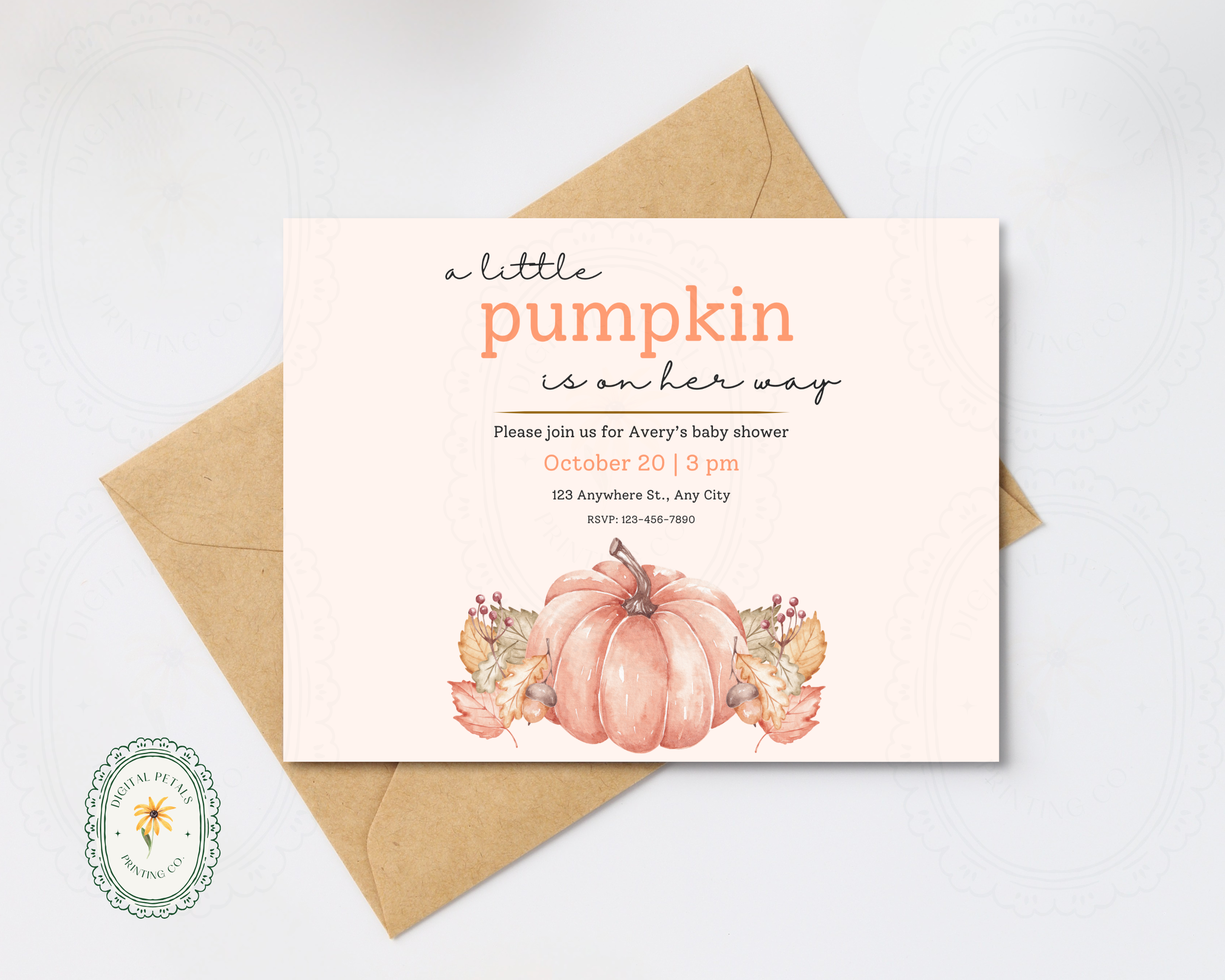 A Little Pumpkin Baby Shower Invitation | Autumn Landscape Digital Download | Canva Editable