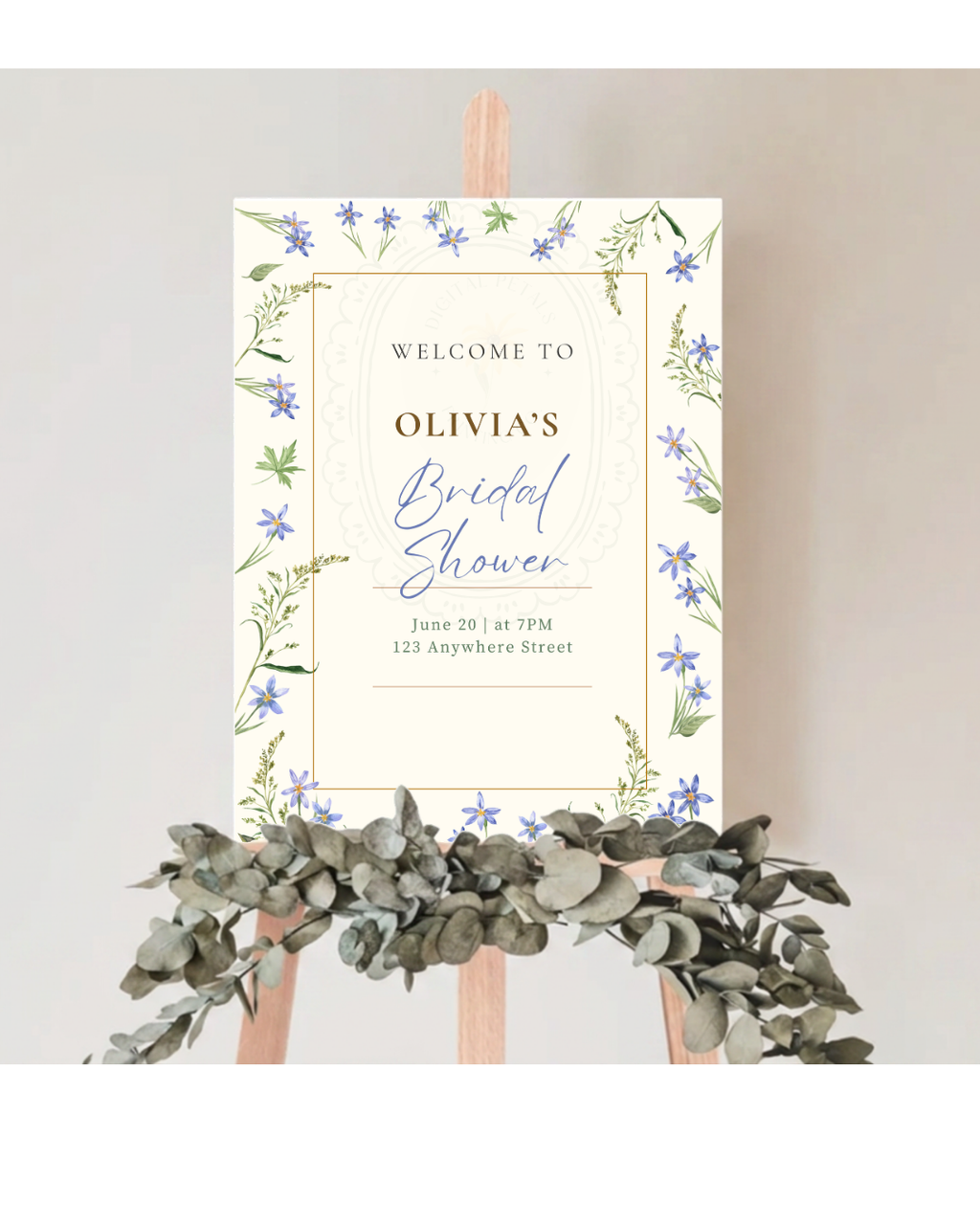Dusty Blue Floral Botanical Bridal Shower Welcome Sign | Editable Canva Template | Digital Download