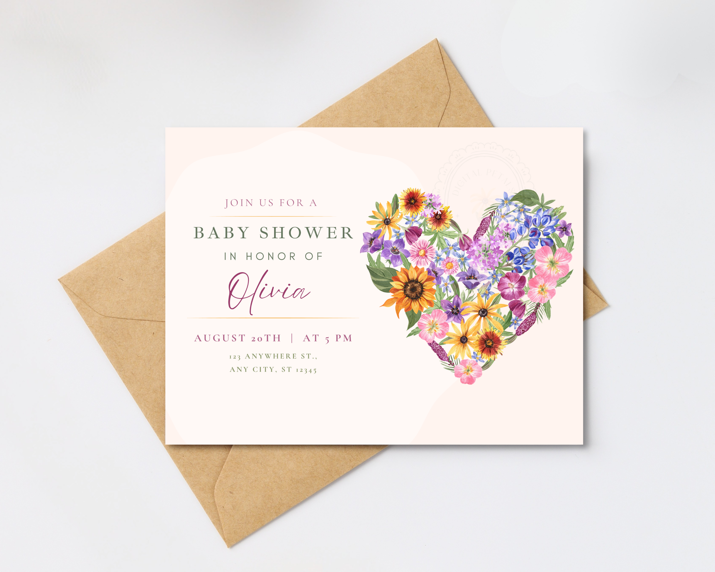 Lavender Cream Spring Heart Baby Shower Landscape Invitation | Floral Digital Download | Canva Editable