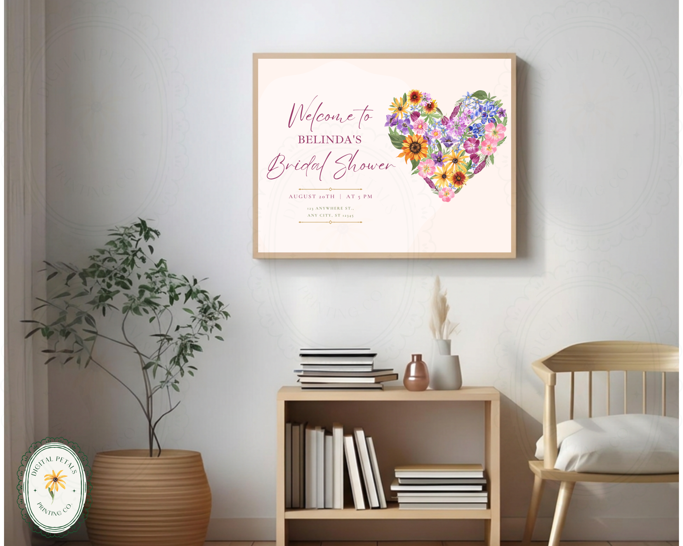Wildflower Bridal Shower Welcome Sign | Boho Floral Heart Border | Editable Canva Digital Download | Print at Home